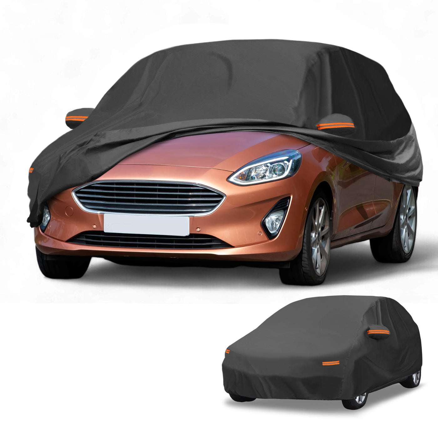 Partuto Car Cover Waterproof All Weather Sun Rain Protection Full Exterior Cover for Ford Fiesta Hatchback Aluminum Film Black with Reflective Strips