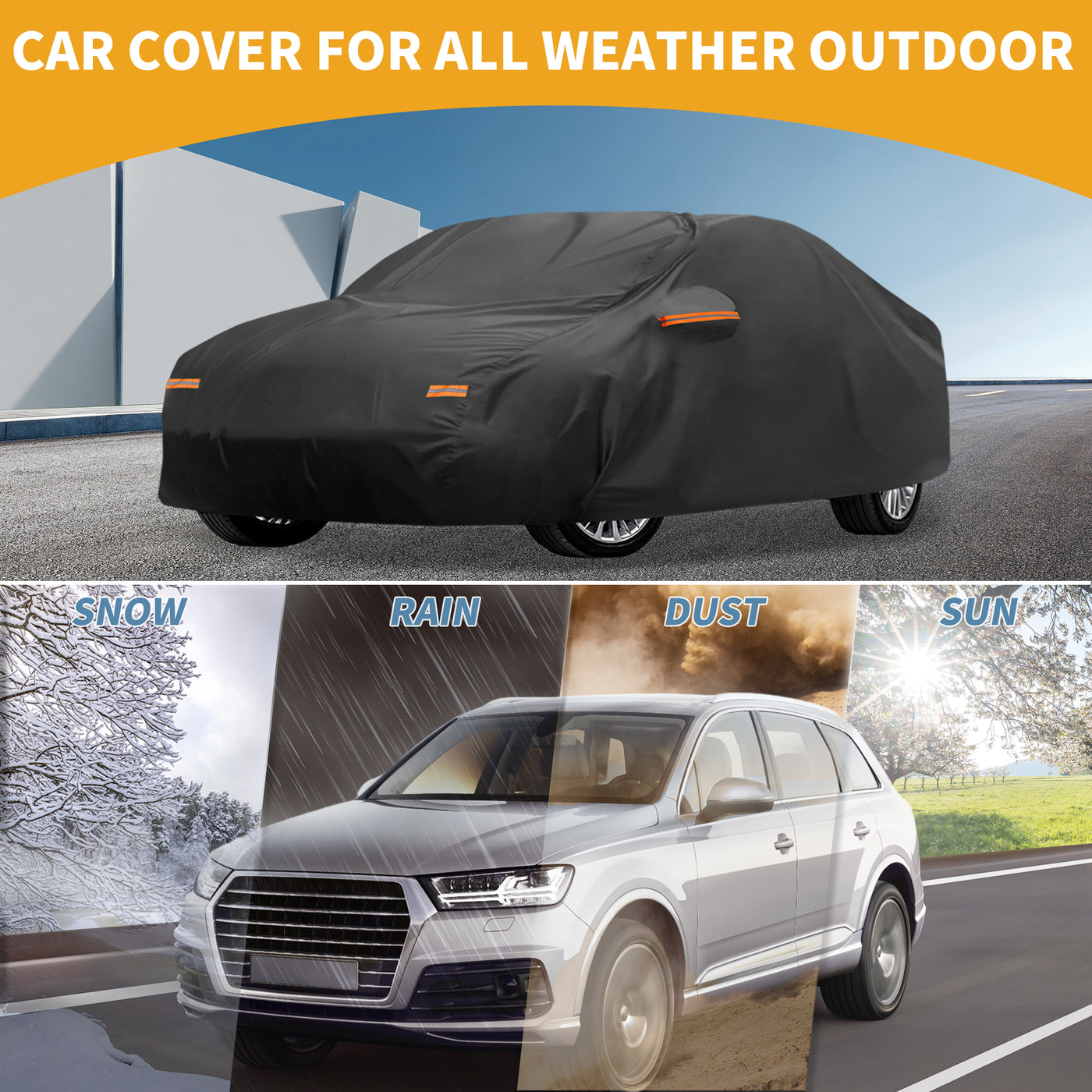 Partuto Car Cover Waterproof All Weather Sun Rain Protection Full Exterior Cover for Ford Focus Sedan Aluminum Film Black with Reflective Strips