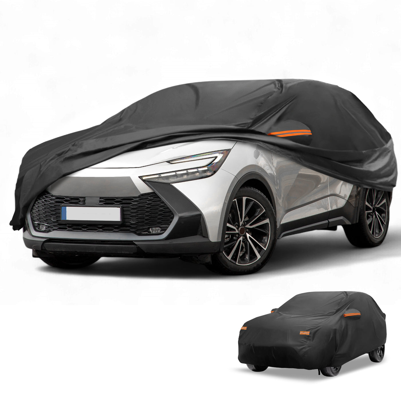 Partuto Autoabdeckung Wasserdicht Alle Wetter Sonnenregen Schutz Vollabdeckung für Toyota C-HR Aluminiumfolie Schwarz mit Reflektierenden Streifen