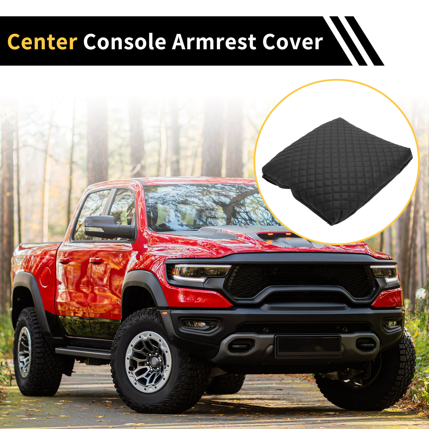 REPAIROCK Center Console Armrest Cover for Dodge for Ram 2018-2020 Tahoe Middle Console Pad Armrest Protector Microfiber Leather with Square Pattern Black