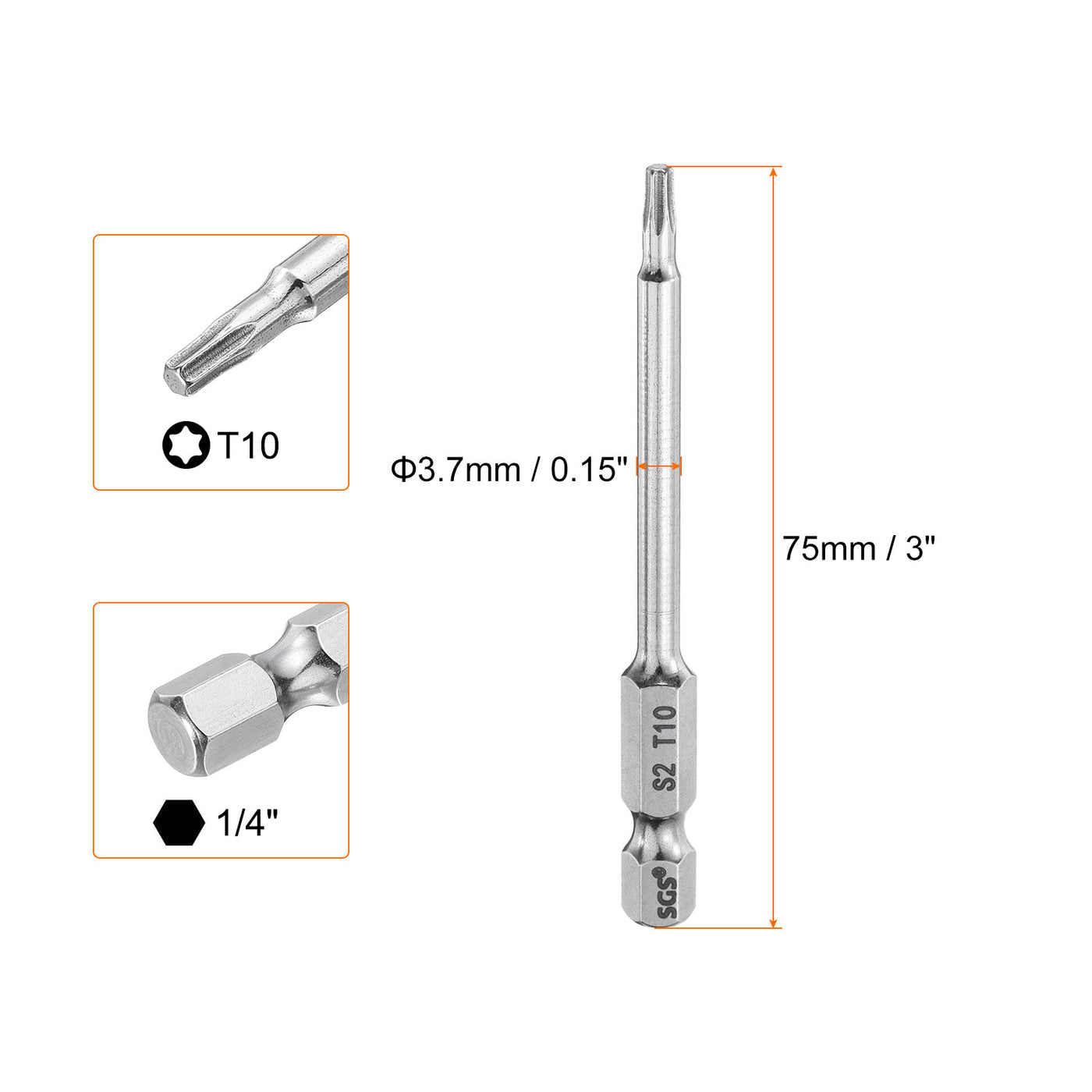 Harfington T10 Torx Bit 1/4" Shank 3" Long S2 Steel 6 Point Screwdriver Bit