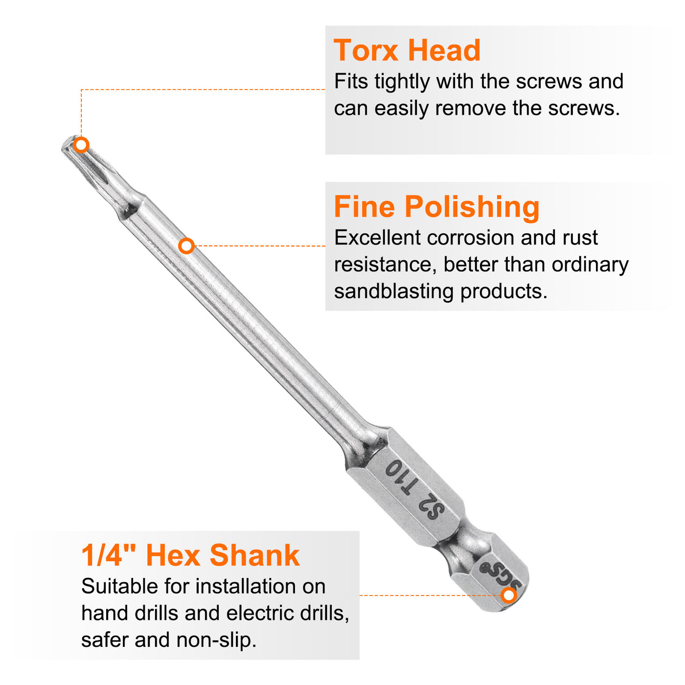 Harfington 2pcs T10 Torx Bit 1/4" Shank 3" Long 6 Point Tamper Resistant Star Bits