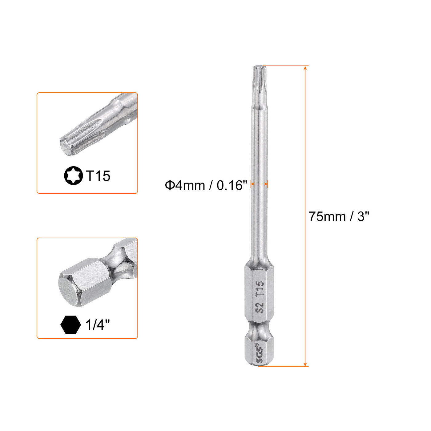 Harfington T15 Torx Bit 1/4" Shank 3" Long 6 Point Tamper Resistant Star Bits