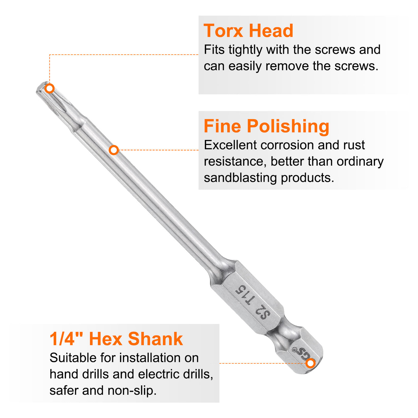 Harfington T15 Torx Bit 1/4" Shank 3" Long 6 Point Tamper Resistant Star Bits