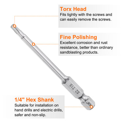 Harfington T15 Torx Bit 1/4" Shank 3" Long 6 Point Tamper Resistant Star Bits