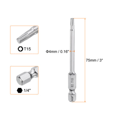 Harfington 5pcs T15 Torx Bit 1/4" Shank 3" Long 6 Point Tamper Resistant Star Bits