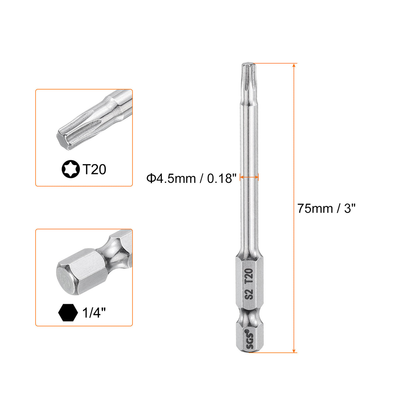 Harfington T20 Torx Bit 1/4" Shank 3" Long 6 Point Tamper Resistant Star Bits