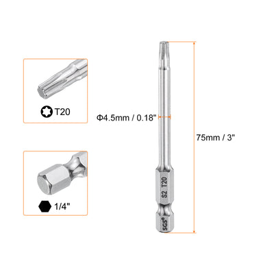 Harfington T20 Torx Bit 1/4" Shank 3" Long 6 Point Tamper Resistant Star Bits