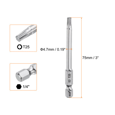 Harfington T25 Torx Bit 1/4" Shank 3" Long 6 Point Tamper Resistant Star Bits