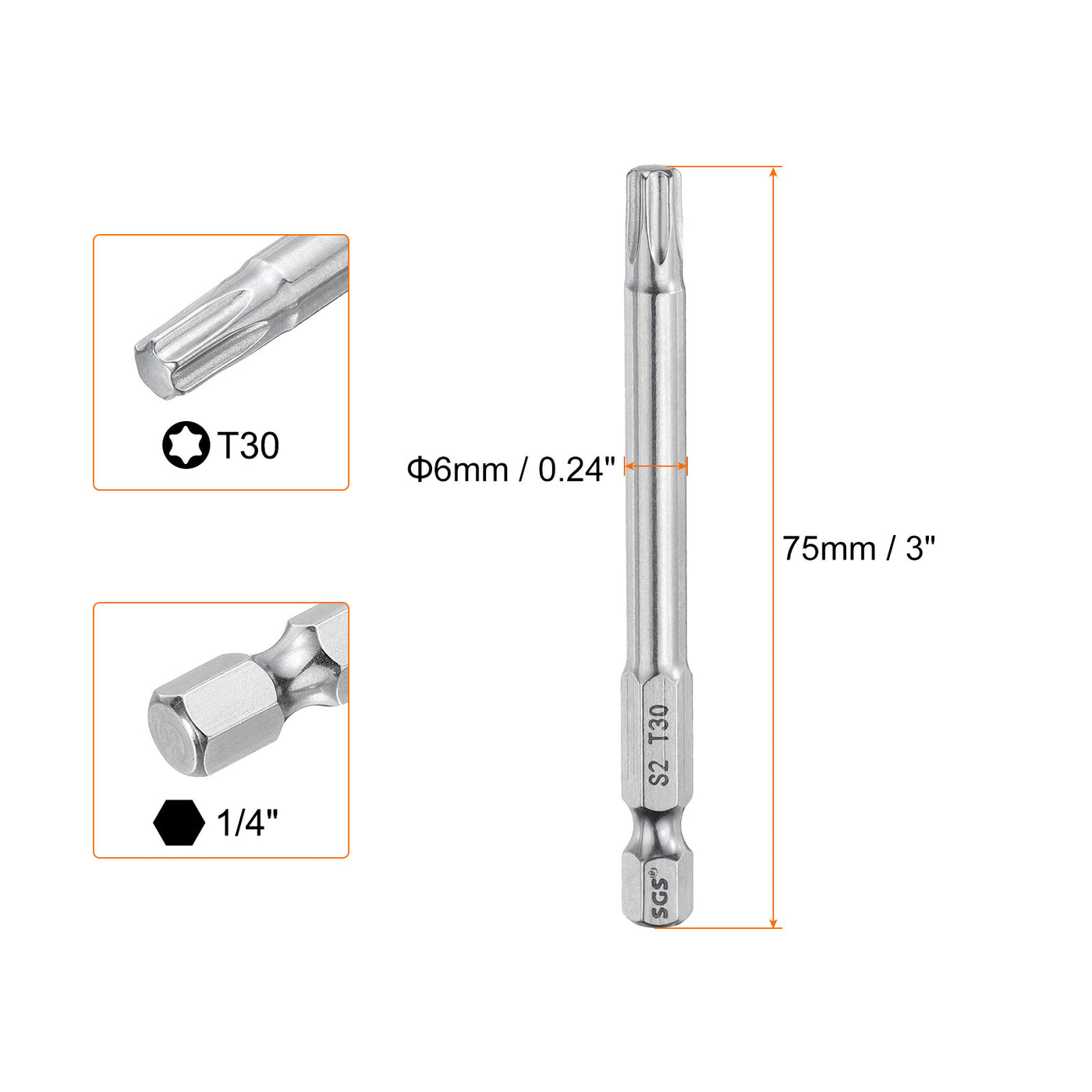 Harfington T30 Torx Bit 1/4" Shank 3" Long 6 Point Tamper Resistant Star Bits