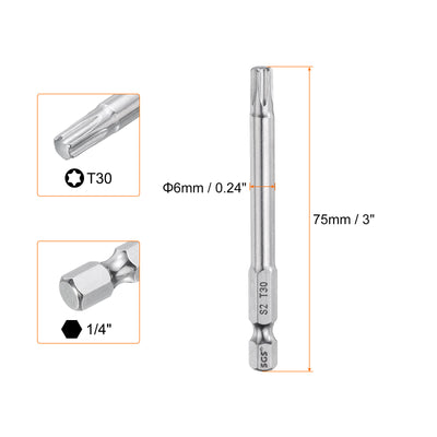 Harfington T30 Torx Bit 1/4" Shank 3" Long 6 Point Tamper Resistant Star Bits