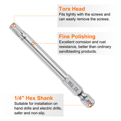 Harfington T30 Torx Bit 1/4" Shank 3" Long 6 Point Tamper Resistant Star Bits