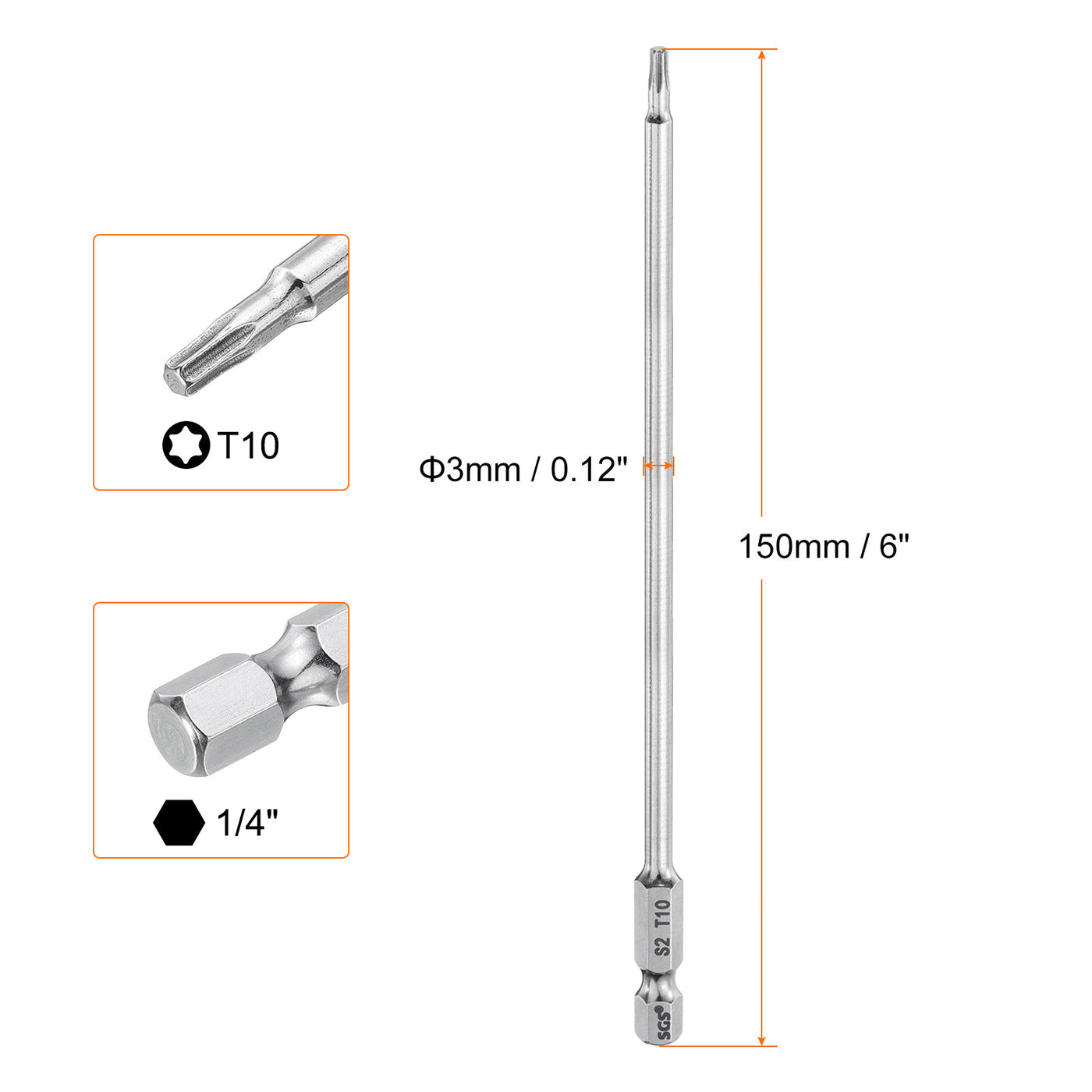 Harfington T10 Torx Bit 1/4" Shank 6" Long 6 Point Tamper Resistant Star Bits