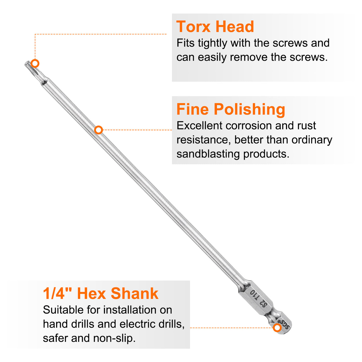 Harfington T10 Torx Bit 1/4" Shank 6" Long 6 Point Tamper Resistant Star Bits