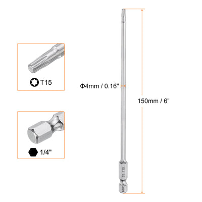 Harfington T15 Torx Bit 1/4" Shank 6" Long 6 Point Tamper Resistant Star Bits