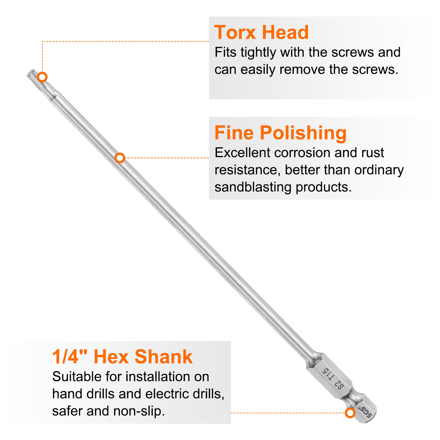 Harfington T15 Torx Bit 1/4" Shank 6" Long 6 Point Tamper Resistant Star Bits