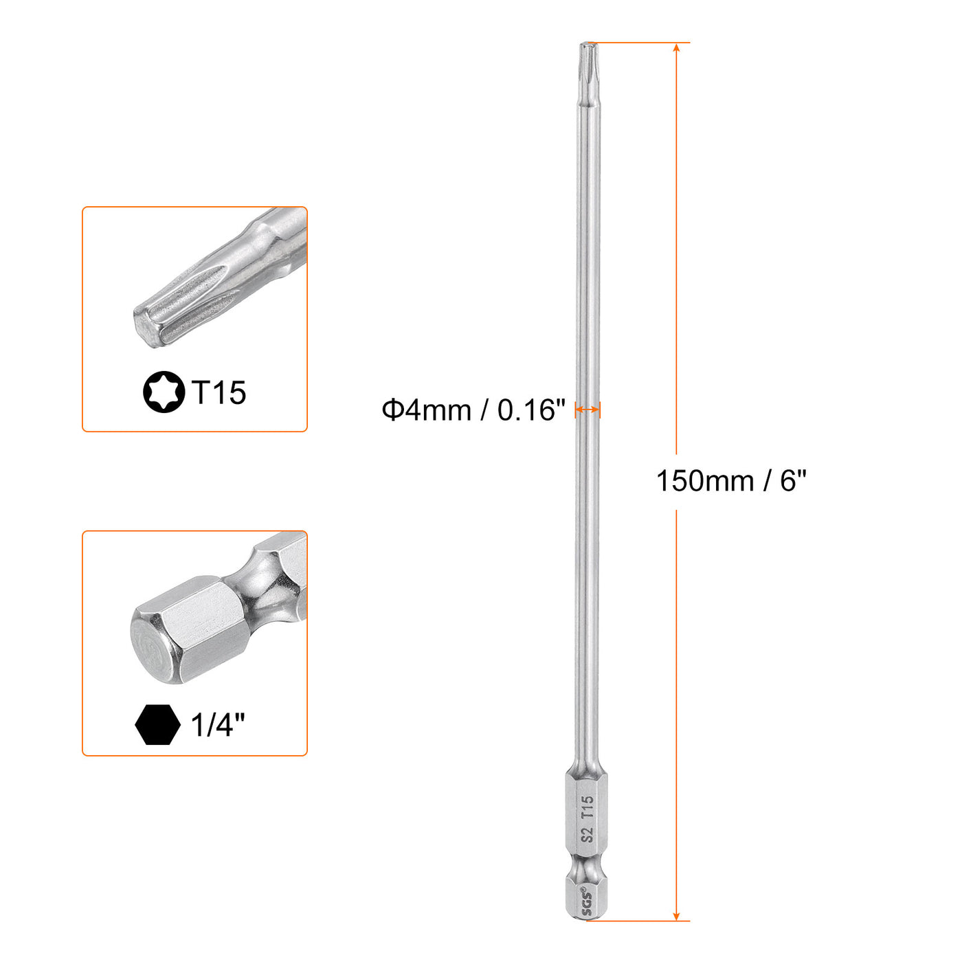 Harfington 2pcs T15 Torx Bit 1/4" Shank 6" Long 6 Point Tamper Resistant Star Bits