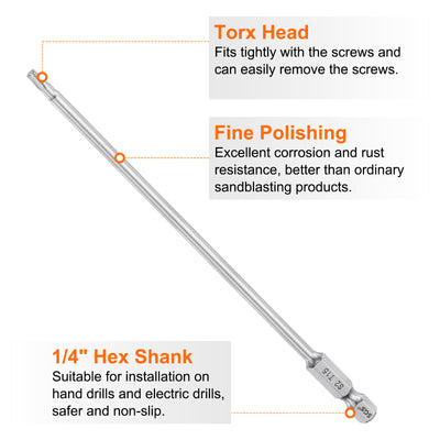 Harfington 5pcs T15 Torx Bit 1/4" Shank 6" Long 6 Point Tamper Resistant Star Bits