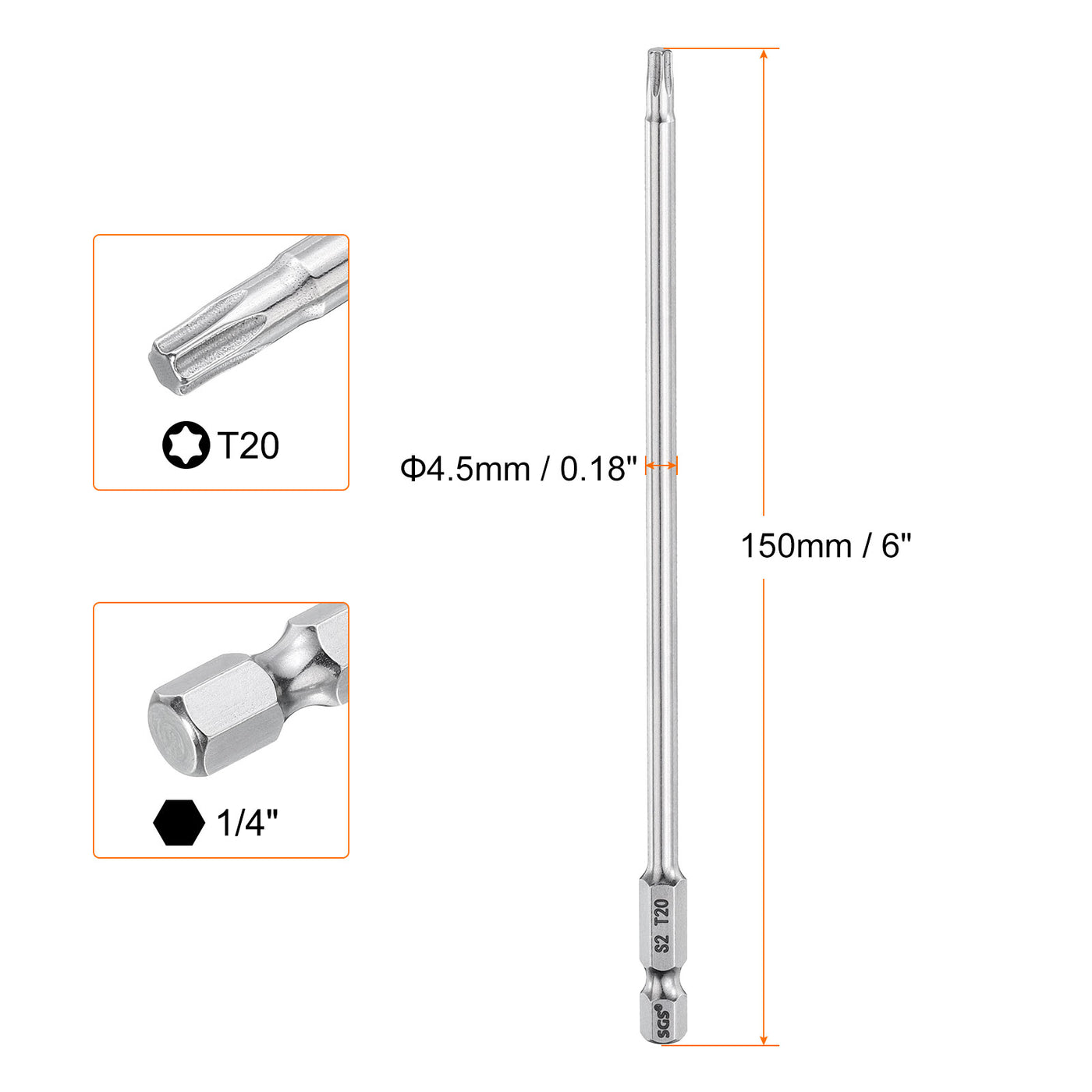 Harfington T20 Torx Bit 1/4" Shank 6" Long 6 Point Tamper Resistant Star Bits