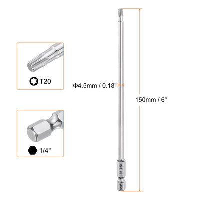 Harfington T20 Torx Bit 1/4" Shank 6" Long 6 Point Tamper Resistant Star Bits