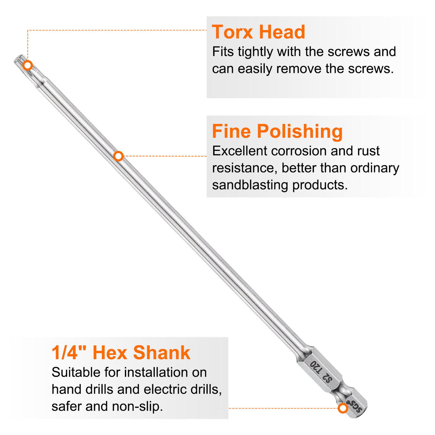 Harfington T20 Torx Bit 1/4" Shank 6" Long 6 Point Tamper Resistant Star Bits