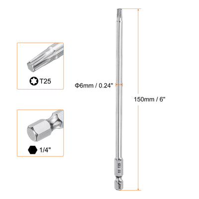 Harfington T25 Torx Bit 1/4" Shank 6" Long 6 Point Tamper Resistant Star Bits