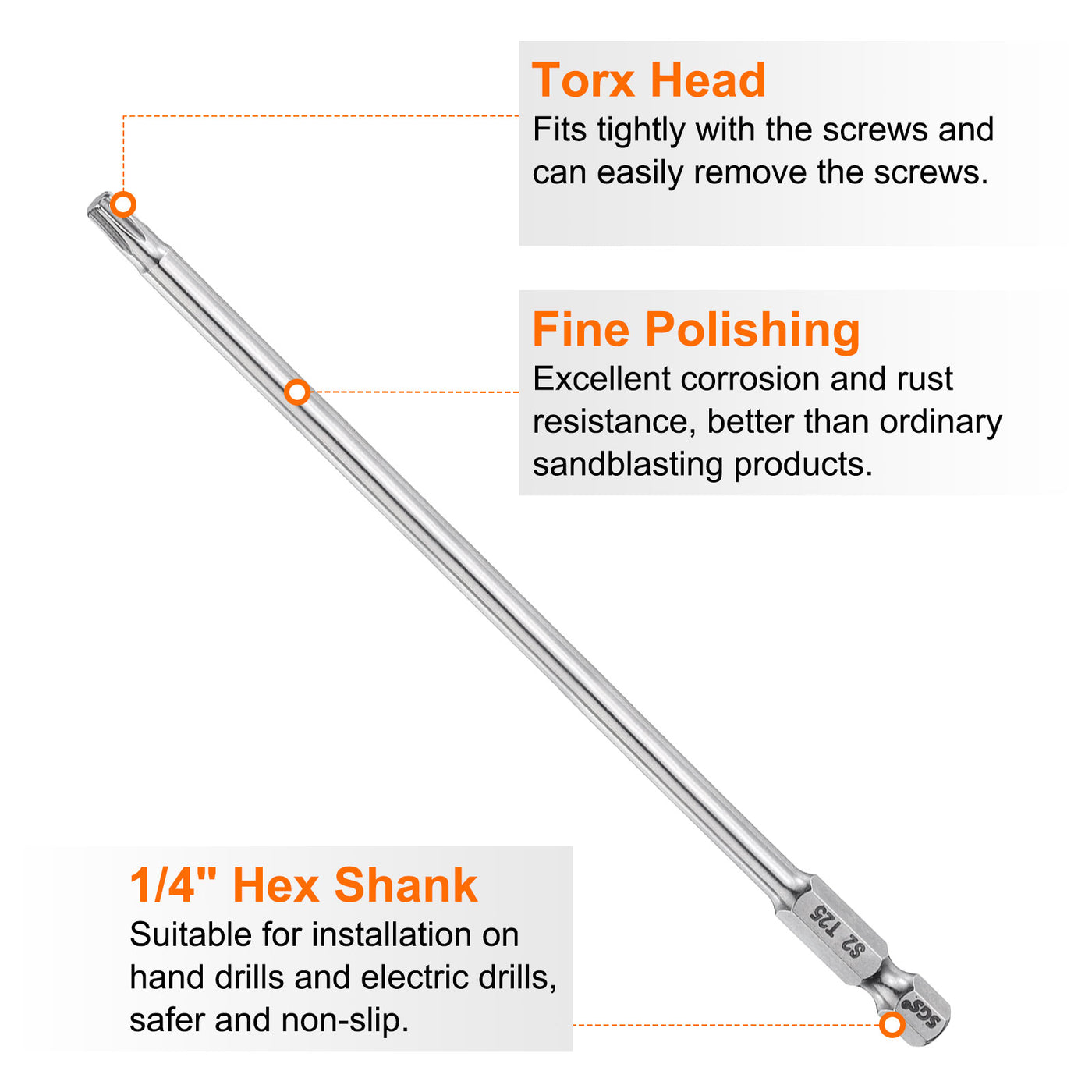 Harfington T25 Torx Bit 1/4" Shank 6" Long 6 Point Tamper Resistant Star Bits