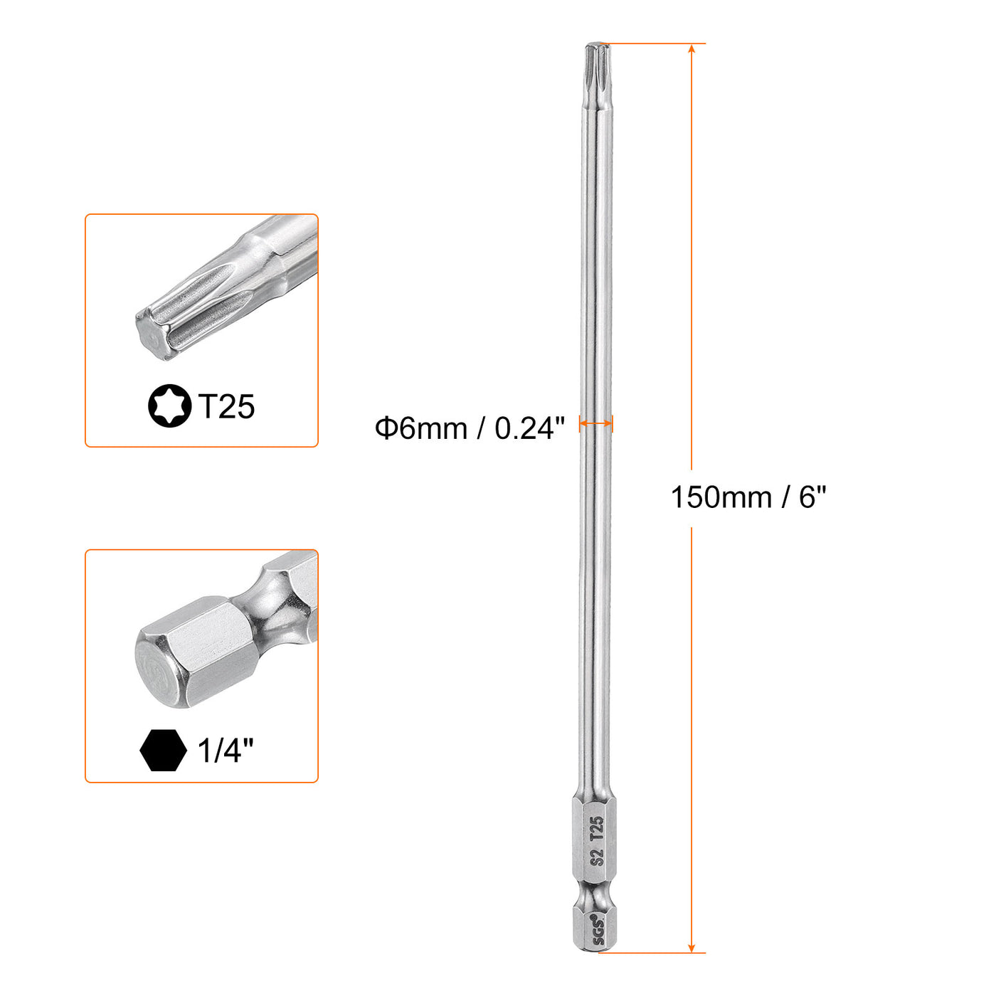 Harfington 2pcs T25 Torx Bit 1/4" Shank 6" Long 6 Point Tamper Resistant Star Bits