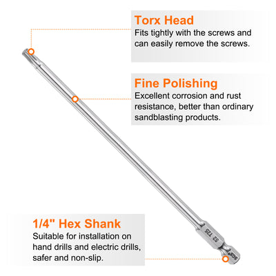 Harfington 2pcs T25 Torx Bit 1/4" Shank 6" Long 6 Point Tamper Resistant Star Bits