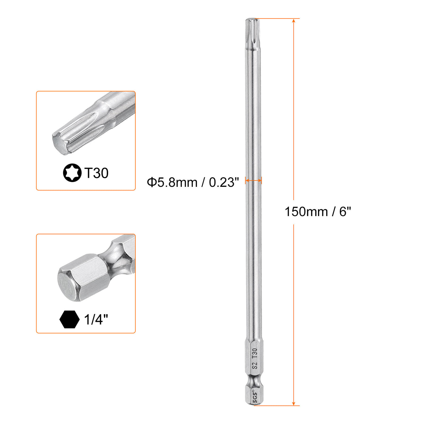 Harfington T30 Torx Bit 1/4" Shank 6" Long 6 Point Tamper Resistant Star Bits