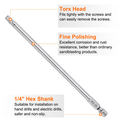 Harfington T30 Torx Bit 1/4" Shank 6" Long 6 Point Tamper Resistant Star Bits