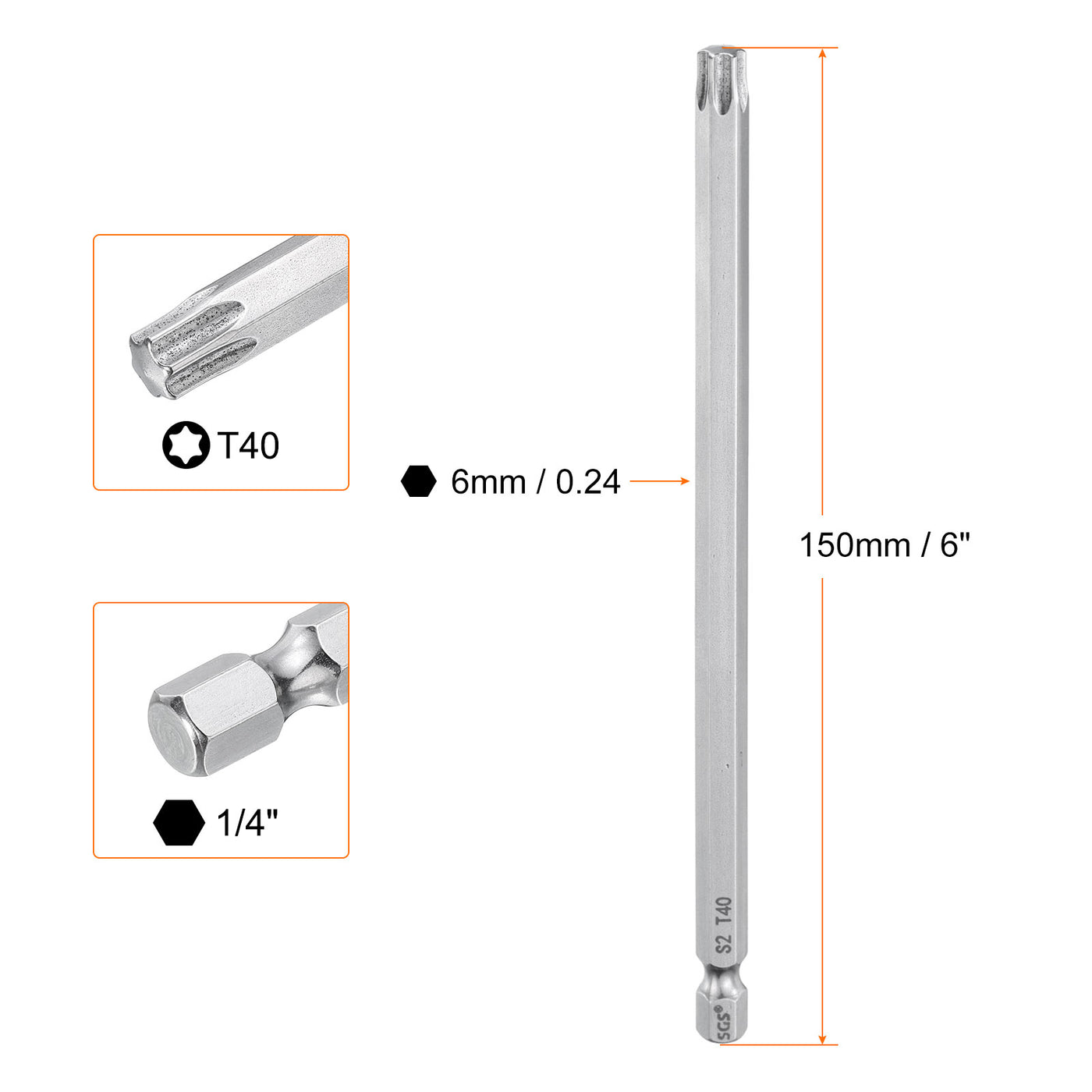 Harfington T40 Torx Bit 1/4" Shank 6" Long 6 Point Tamper Resistant Star Bits