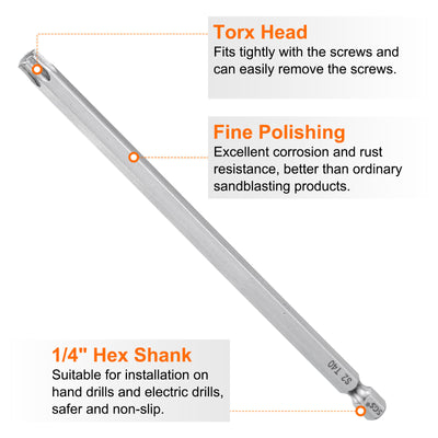 Harfington T40 Torx Bit 1/4" Shank 6" Long 6 Point Tamper Resistant Star Bits