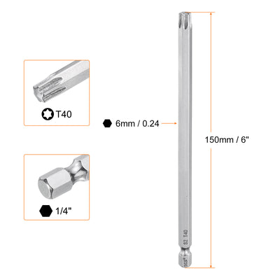 Harfington 2pcs T40 Torx Bit 1/4" Shank 6" Long 6 Point Tamper Resistant Star Bits