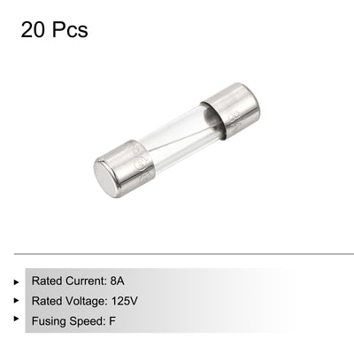 Harfington 20 Stück Schnellsicherung Glasrohr 8A 125V 5x20mm Glasrohr Sicherungen Schnellwirkende Sicherungen für Leiterplatten Elektronische Geräte Haushaltsgeräte