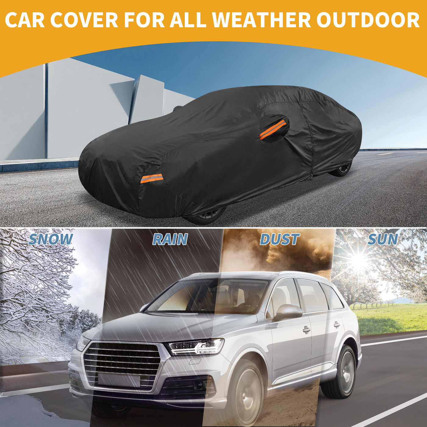 Partuto 1 Stück Universal Autoabdeckung Wasserdicht Alle Wetter Automotive Outdoor Anti-UV Sonnenschutz Regenschutz Vollabdeckung 190T-PU Schwarz Passend für Limousine Länge 199" bis 208"