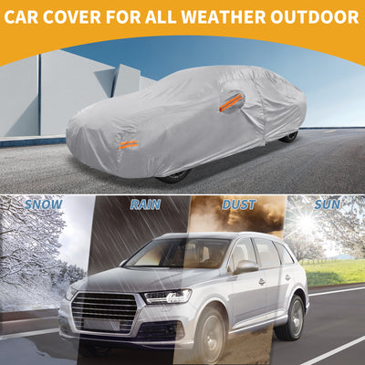 Harfington 1 Pcs Universal Car Cover Waterproof All Weather Automotive Outdoor Anti-UV Sun Rain Protection Full Exterior Cover 190T-PU Silver Tone Fit for Sedan Length 187" to 198"