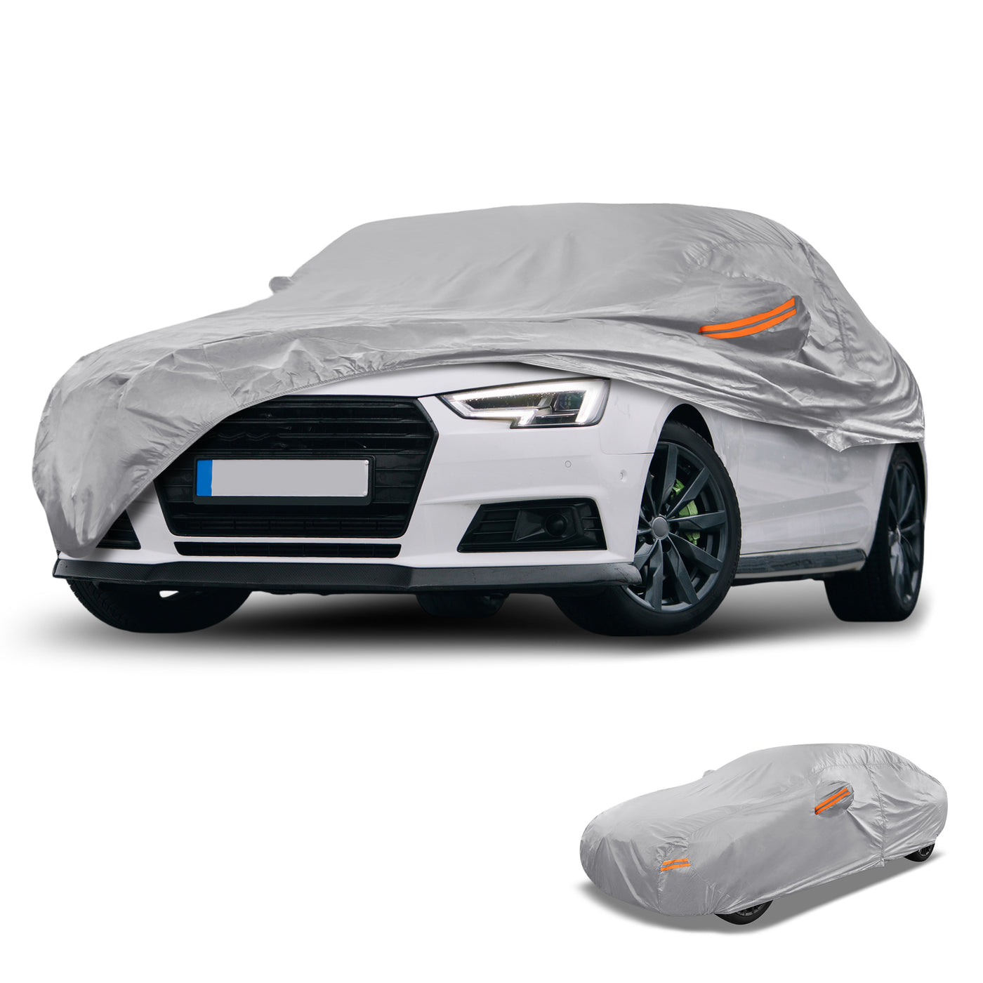 Partuto 1 Pcs Universal Car Cover Waterproof All Weather Automotive Outdoor Anti-UV Sun Rain Protection Full Exterior Cover 190T-PU Silver Tone Fit for Sedan Length 187" to 198"