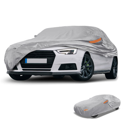 Harfington 1 Pcs Universal Car Cover Waterproof All Weather Automotive Outdoor Anti-UV Sun Rain Protection Full Exterior Cover 190T-PU Silver Tone Fit for Sedan Length 187" to 198"