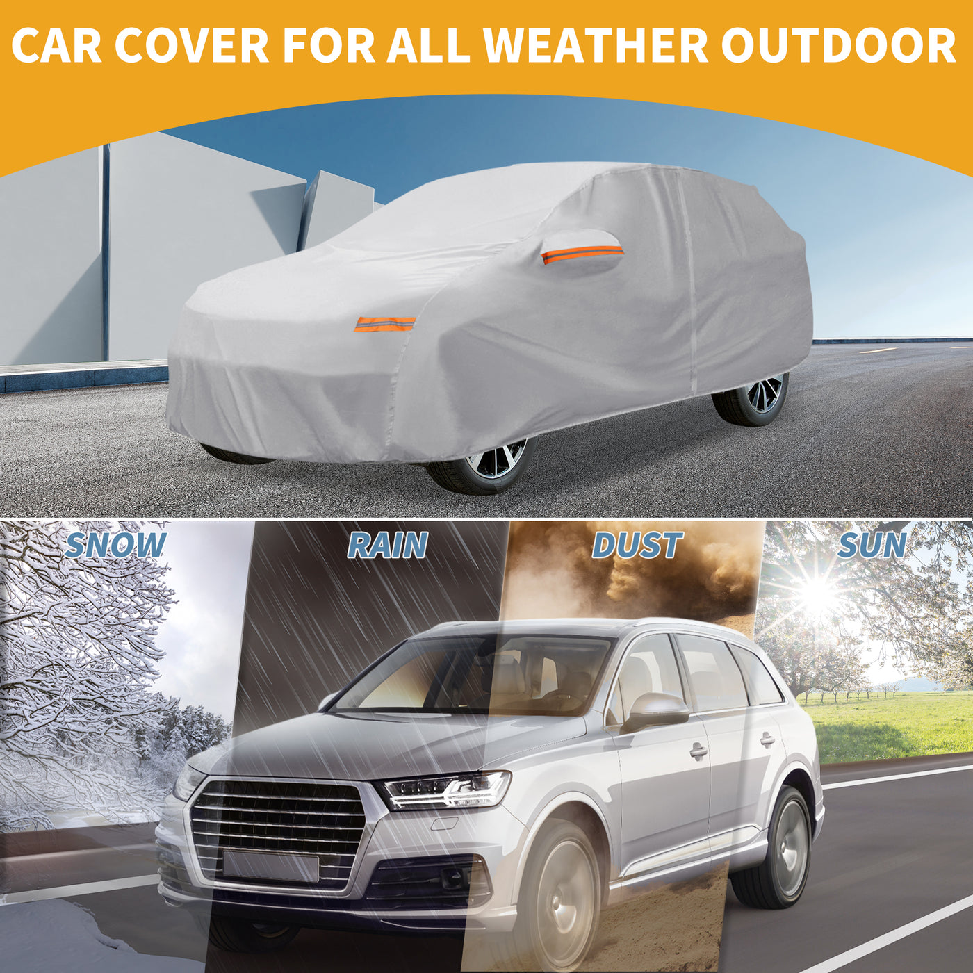 Partuto 1 Pcs Universal Car Cover Waterproof All Weather Automotive Outdoor Anti-UV Sun Rain Protection Full Exterior Cover 190T-PU Silver Tone Fit for SUV Length Up to 181"