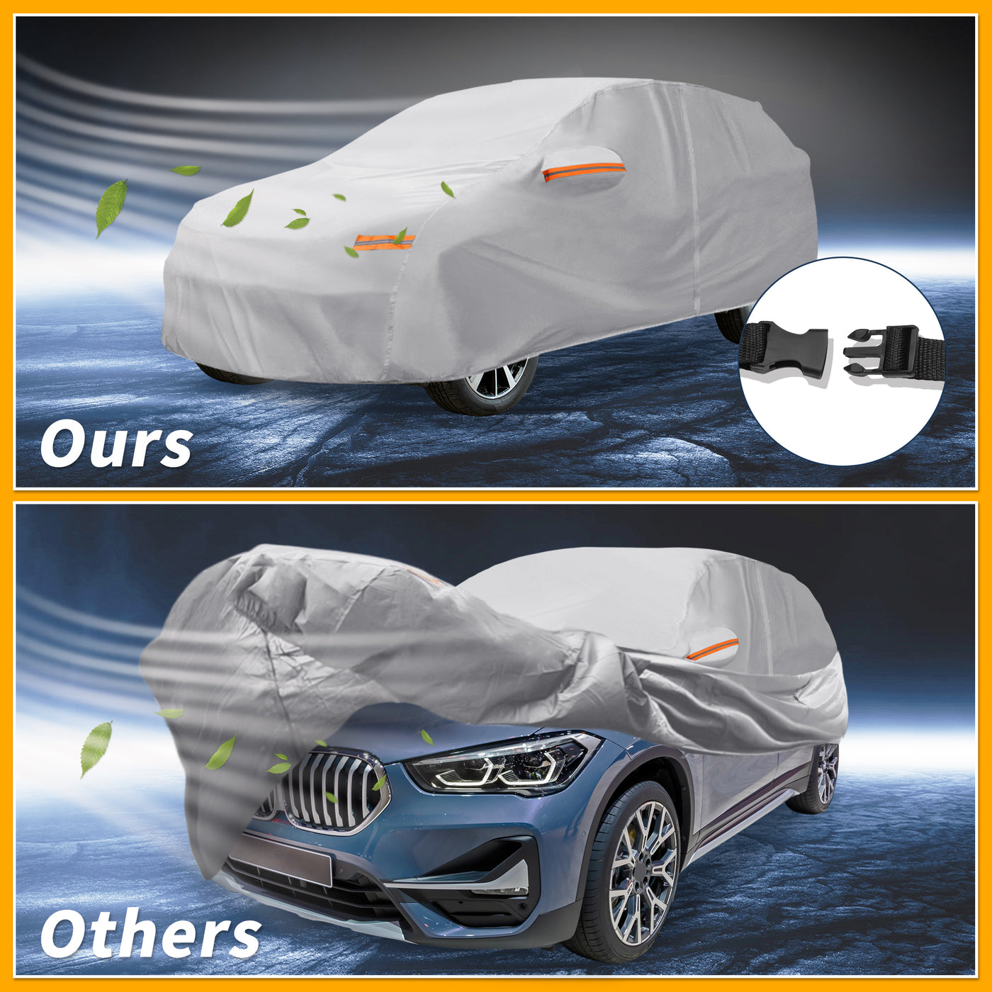 Partuto 1 Pcs Universal Car Cover Waterproof All Weather Automotive Outdoor Anti-UV Sun Rain Protection Full Exterior Cover 190T-PU Silver Tone Fit for SUV Length Up to 181"