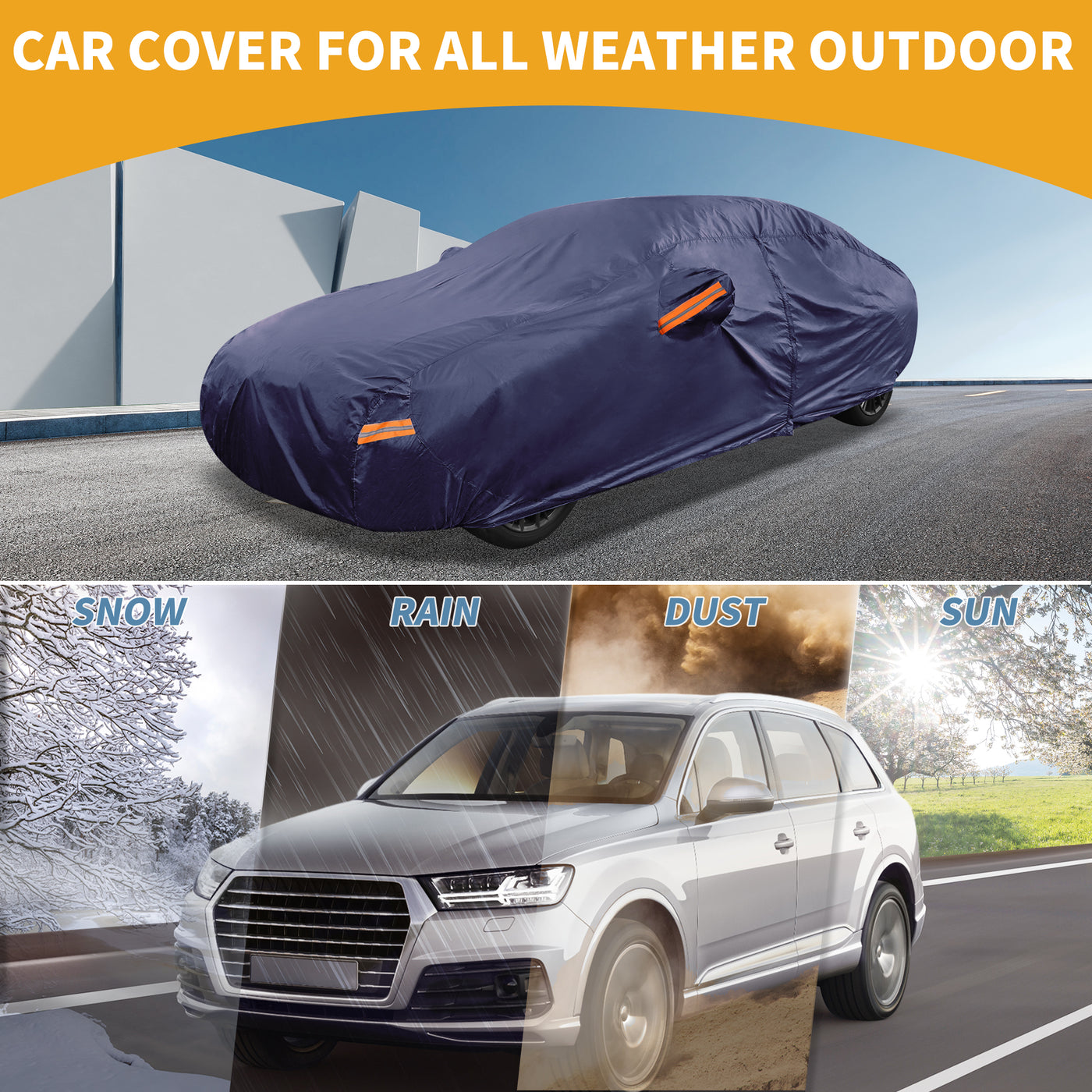 Partuto 1 Pcs Universal Car Cover Waterproof All Weather Automotive Outdoor Anti-UV Sun Rain Protection Full Exterior Cover 190T-PU Navy Blue Fit for Sedan Length 199" to 208"