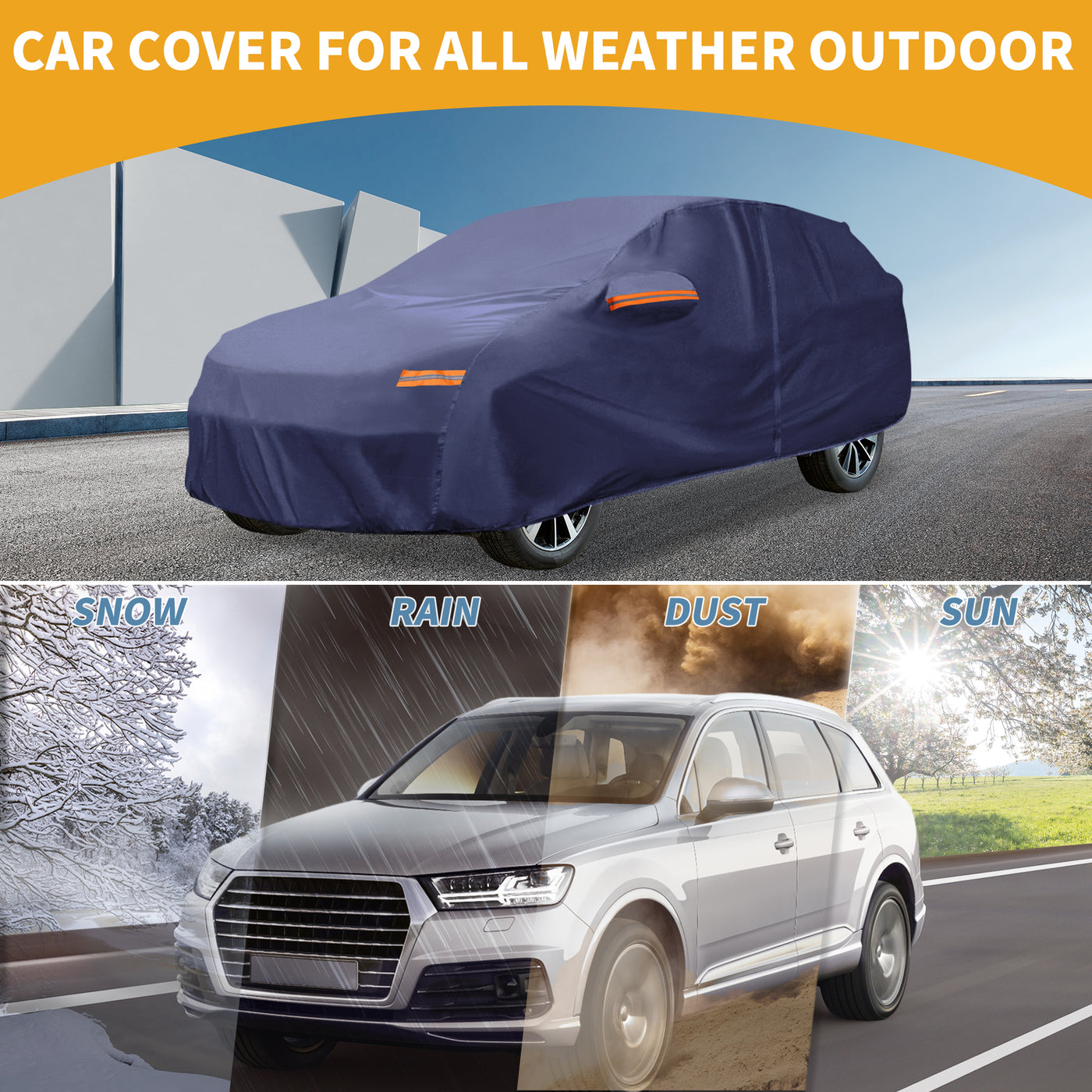 Partuto 1 Pcs Universal Car Cover Waterproof All Weather Automotive Outdoor Anti-UV Sun Rain Protection Full Exterior Cover 190T-PU Navy Blue Fit for SUV Length Up to 181"