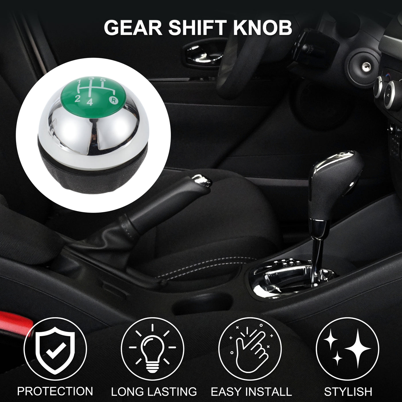 TUCKBOLD 5 Speed Manual Shift Knob for Fiat 500 Durable | Front Automotive Gearbox Stick Shifter Lever Knob Chrome Silver Tone Green Plastic Faux Leather 1 Pc