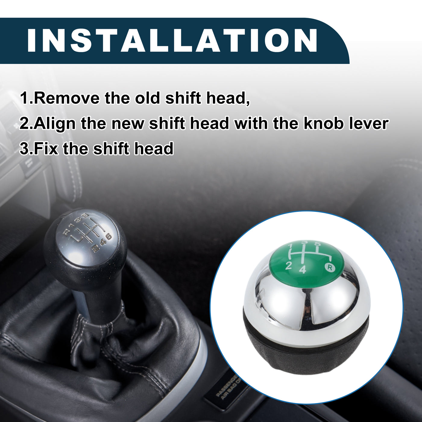 TUCKBOLD 5 Speed Manual Shift Knob for Fiat 500 Durable | Front Automotive Gearbox Stick Shifter Lever Knob Chrome Silver Tone Green Plastic Faux Leather 1 Pc