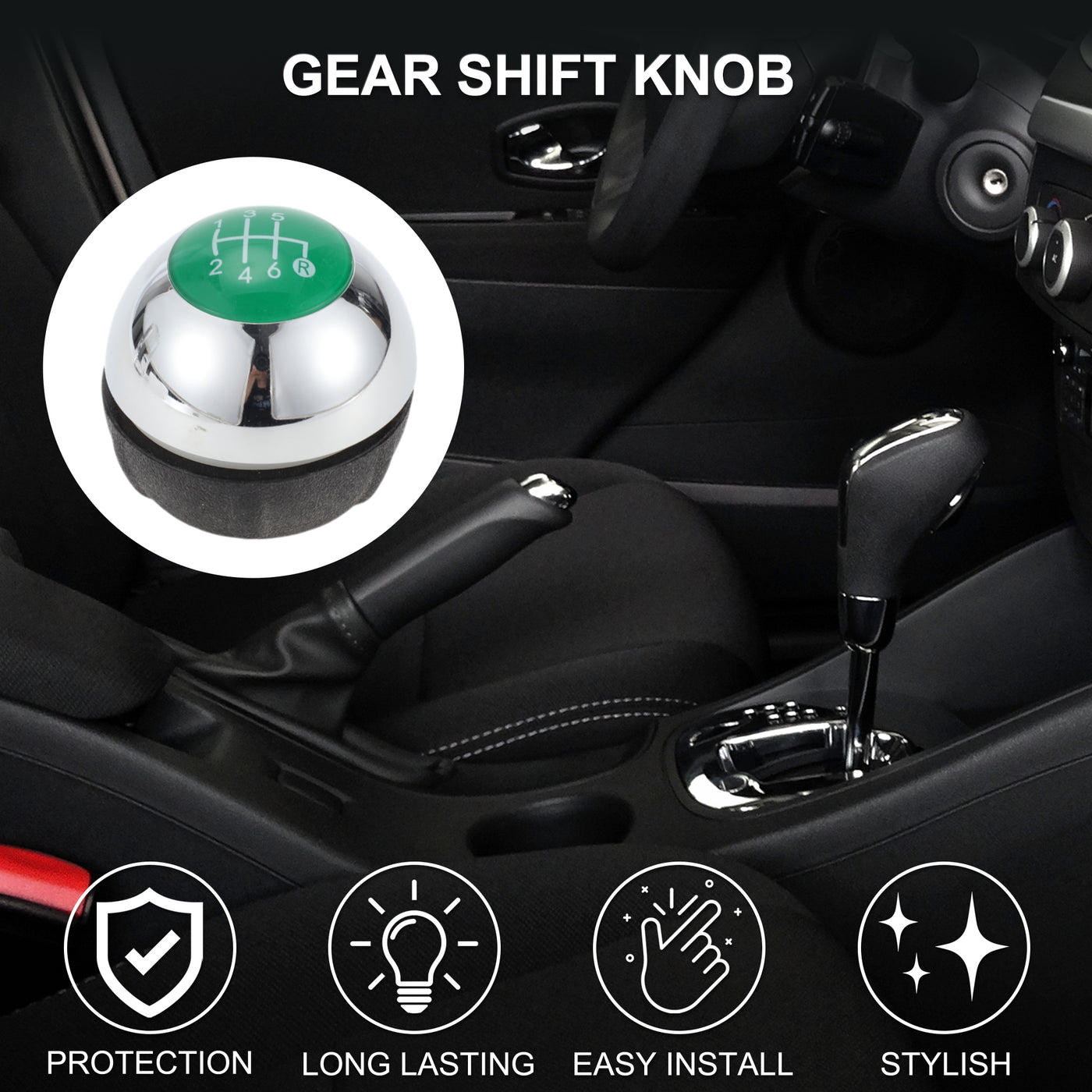 TUCKBOLD 6 Speed Manual Shift Knob for Fiat 500 Durable | Front Automotive Gearbox Stick Shifter Lever Knob Chrome Silver Tone Green Plastic Faux Leather 1 Pc