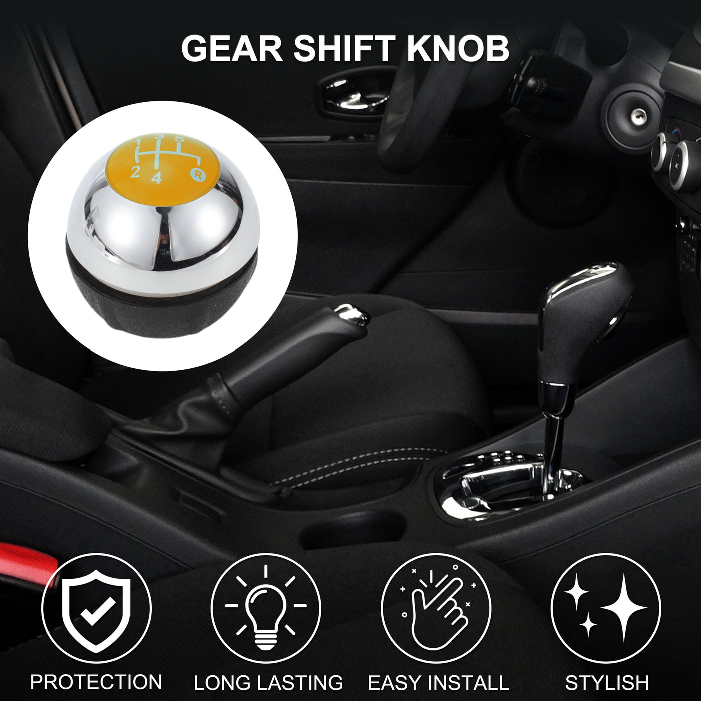 TUCKBOLD 5 Speed Manual Shift Knob for Fiat 500 Durable | Front Automotive Gearbox Stick Shifter Lever Knob Chrome Silver Tone Yellow Plastic Faux Leather 1 Pc