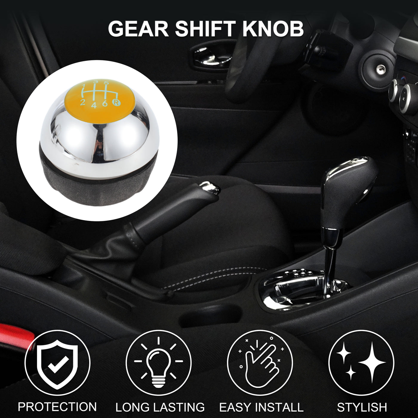 TUCKBOLD 6 Speed Manual Shift Knob for Fiat 500 Durable | Front Automotive Gearbox Stick Shifter Lever Knob Chrome Silver Tone Yellow Plastic Faux Leather 1 Pc