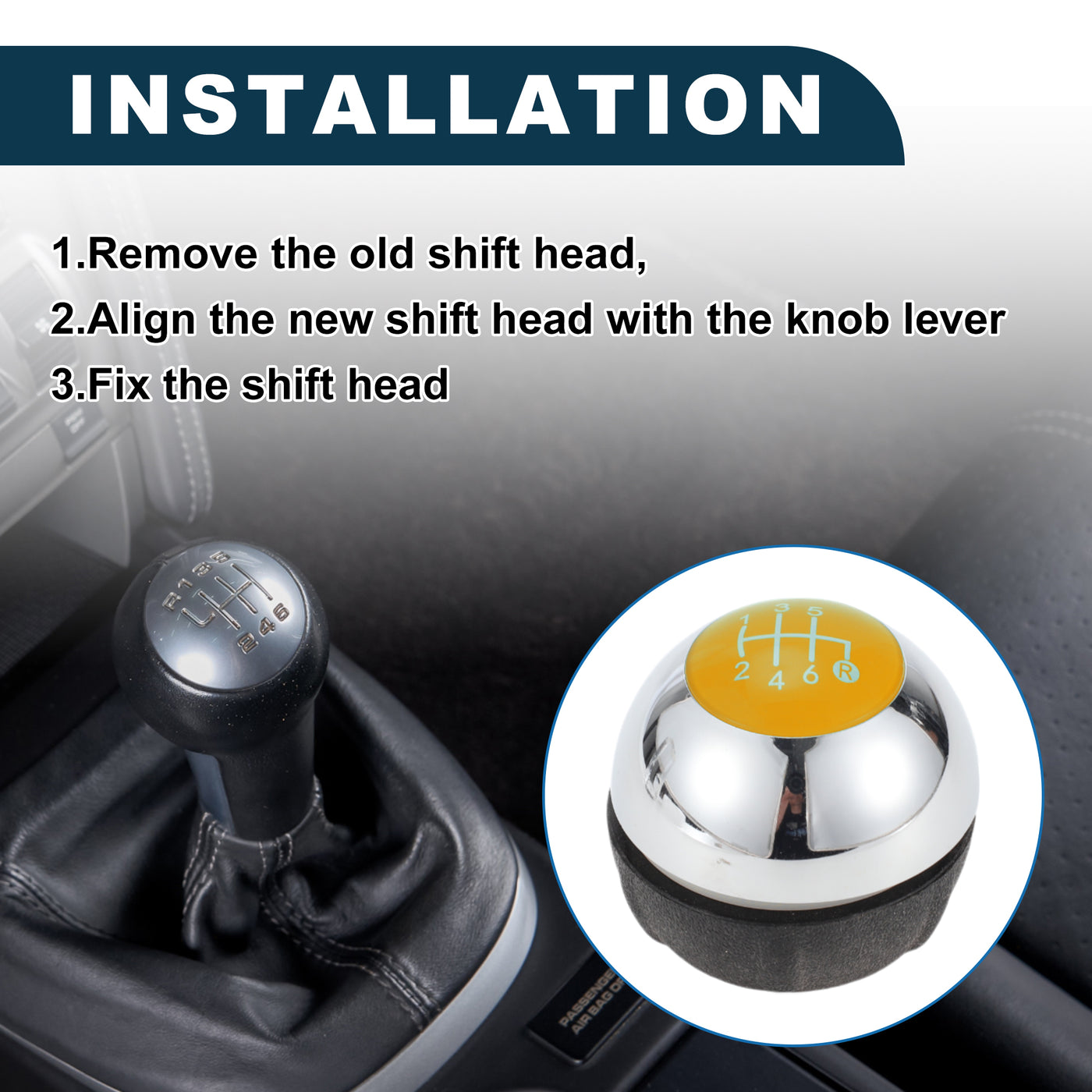 TUCKBOLD 6 Speed Manual Shift Knob for Fiat 500 Durable | Front Automotive Gearbox Stick Shifter Lever Knob Chrome Silver Tone Yellow Plastic Faux Leather 1 Pc