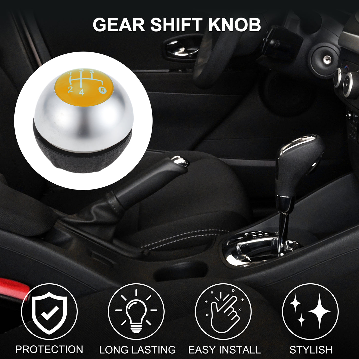 TUCKBOLD 5 Speed Manual Shift Knob for Fiat 500 Durable | Front Automotive Gearbox Stick Shifter Lever Knob Matte Silver Tone Yellow Plastic Faux Leather 1 Pc